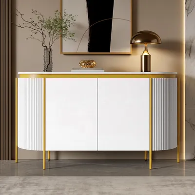 Produktbild von Merax Sideboard Kommode mit 4 Türen, ovale Anrichte mit geriffelte Fronten, Wohnzimmerschrank mit Einlegeboden, Kabeldurchlass, Metallfüße, Weiß