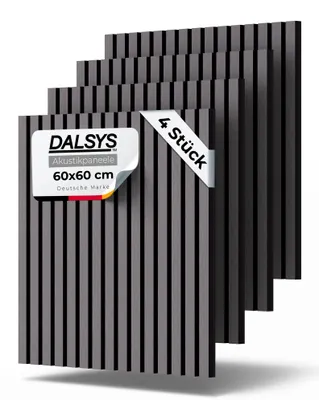 Produktbild von Dalsys 4x Akustikpaneele Holz 60x60cm Grau mit Lamellen, Wandpaneele Holz für Schallschutz in Büro- & Wohnräumen, Akustik Paneele Wand, 3D Wandverkleidung innen, Holzpaneele Wand