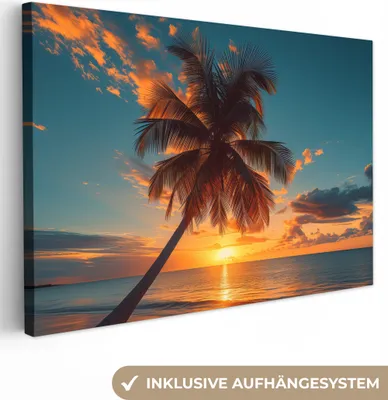 Produktbild von MuchoWow® - Leinwandbilder - Sonnenuntergang - Palme - Meer - Horizont - Strand, Wandbild, Wanddeko Bilder Wohnzimmer, 120x80cm