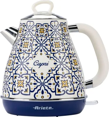 A close-up studio shot of a decorative electric kettle.