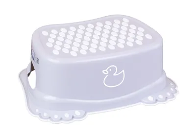 A light gray step stool with a duck motif and dotted surface for grip, set against a white background.