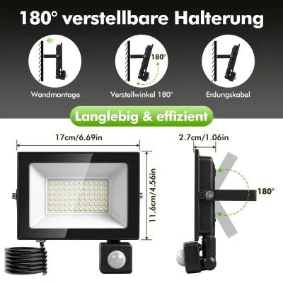 Immagine prodotto di Fari a LED per esterni - confezione da 2 - 50 W - sensore di movimento - 6500 K - impermeabili - 220–240 V