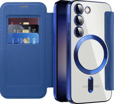 Immagine prodotto di Custodia per Samsung Galaxy S23+ compatibile con MagSafe, custodia trasparente con portacarte, custodia in pelle con protezione della fotocamera blu