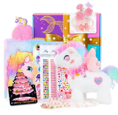 Produktbild von Einhorn Geschenkset für Mädchen mit Kuscheltier, Tagebuch, Schmuck & Stickern