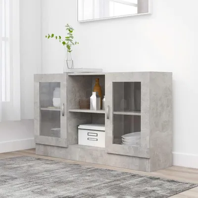 Immagine prodotto di Vetrina espositiva, mobile contenitore - grigio cemento effetto legno - con ante in vetro