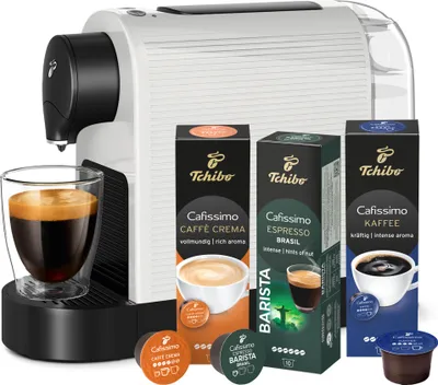 Produktbild von Tchibo Cafissimo „Pure plus“ Kaffeemaschine Kapselmaschine inkl. 30 Kapseln für Caffè Crema, Espresso und Kaffee, 0,8l, 1250 Watt, Weiß