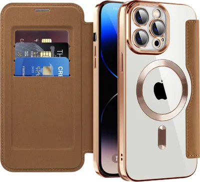 Produktbild von Klapphülle für iPhone 14 Pro Kompatibel mit Magsafe, Klar Überzug Kartenhalter Ledertasche mit Kameraschutz Braun