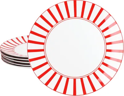 A stack of plates with a red and white striped pattern, with one plate in the foreground showing the pattern clearly.
