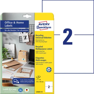 Image de 20 étiquettes AVERY Zweckform LR3655-10 blanches 210,0 x 148,0 mm