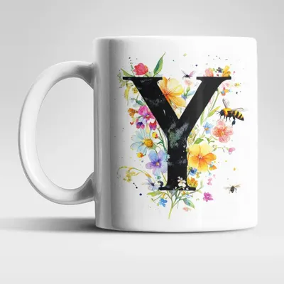 Produktbild von Name A bis Z und 0 bis 9 Blumen Bienen Kaffeetasse Teetasse Tasse Geschenkidee – Y