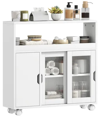 Immagine prodotto di HOMCOM Mobile per Bagno a Rotelle in Legno con Spazio Aperto, Ripiani Regolabili e Ante in Vetro, 71x20x70 cm, Bianco