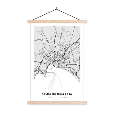 Produktbild von MuchoWow® Textilposter Mallorca - Stadtplan - Schwarz und weiß - Karte 40x60 cm mit holzfarbenen Rahmen - Poster
