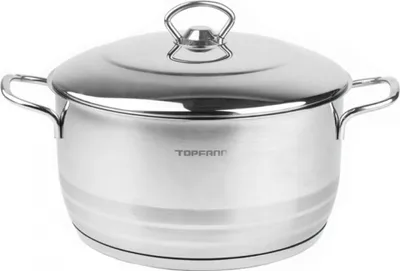 A stainless steel pot with a lid and handles, presented on a white background.