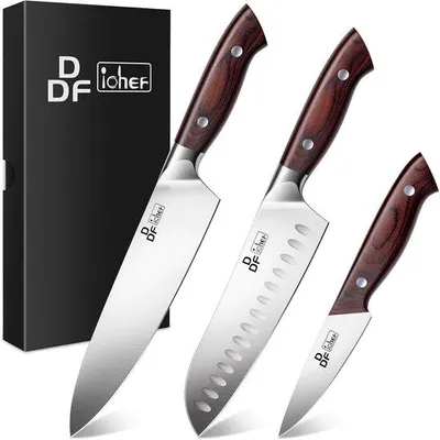 Zdjęcie produktu dla Zestaw noży kuchennych, 3 sztuki - Nóż Santoku ze stali nierdzewnej - Profesjonalny nóż szef-kucharza - Idealny do precyzyjnego krojenia