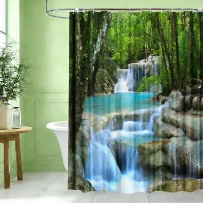 Productafbeelding van Douchegordijn, 180 x 180 cm, waterafstotend, met een groen landschapsmotief, wasbaar, schimmelwerend, inclusief 12 douchegordijnringen