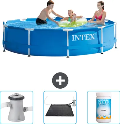 Produktbild von Intex-Schwimmbecken mit rundem Rahmen – 305 x 76 cm – Blau – im Lieferumfang enthalten Filterpumpe für Schwimmbad - Solarmatte - Chlor