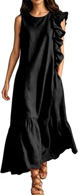 Produktbild von Elegantes Maxikleid für Damen im Sommer mit Volants, Taschen und A-Linie, ärmelloses langes Sommerkleid mit Rüschen für festliche Anlässe, Hochzeitsgäste, Partys, Strand und Freizeit, auch als Etuikleid