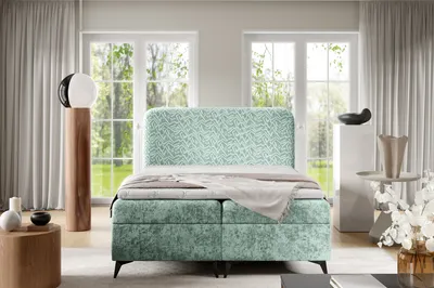 Produktbild von Boxspringbett FRANCIS mit Bettkasten Topper und Bonellmatratze Polsterbett aus Chenille-Stoff mit 13 cm Beinen Bett mit Stauraum (Mintgr n, 200x200 cm)