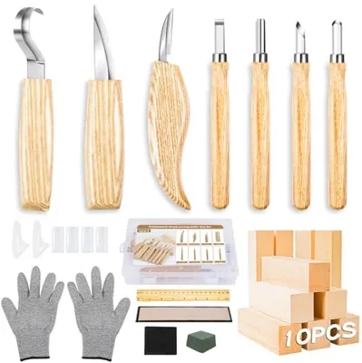 Produktbild von PromoHome® Holzschnitzwerkzeug-Set 23-in-1 – 7 Schnitzmesser, Lindenholzblöcke, schnittfeste Handschuhe, Schleifstein – für Anfänger und