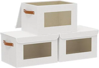 Produktbild von Aufbewahrungsboxen, Boxen mit Deckel, faltbar, mit Tragegriff, 3 Stück, weiße Stoffaufbewahrungsboxen, 26 x 20 x 17 cm, für Kleidung, Spielzeug, im Haushalt