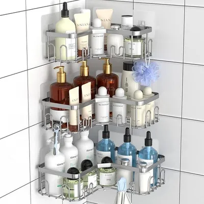 Produktbild von PolkaHome® 3-stufige Duschkorb Eckregal selbstklebend mit 18 Haken, bohrfreier und schnelltrocknender Duschorganizer mit großer
