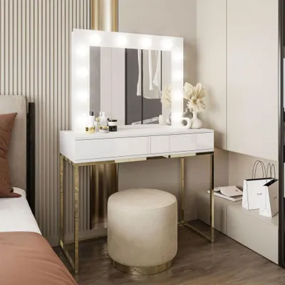 Produktbild von Schminktisch BLANCO mit Spiegel und Beleuchtung goldchrom weiß Hochglanz