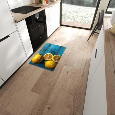 Produktbild von Küchenläufer 60 x 90 cm Blau rutschfest & waschbar – Küchenteppich Zitronen auf Holz PVC Teppichläufer Küche