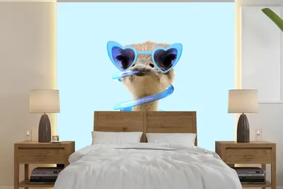 Produktbild von MuchoWow® Fototapete für Wohnzimmer oder Schlafzimmer Wandtapete Vinyl Motivtapete Strauß - Sonnenbrille - Blau - Tiere - 350x350 cm - Schlafzimmertapete