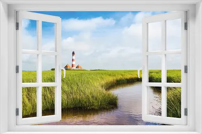 Produktbild von Wallario Poster mit Fenster-Illusion: Kleiner Bach durch Schilf auf dem Weg zum Leuchtturm, Größe: 61 x 91,5 cm (Maxiposter)