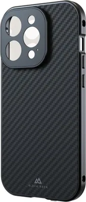 A black carbon fiber textured phone case with a camera cutout is shown from a side angle against a white background.