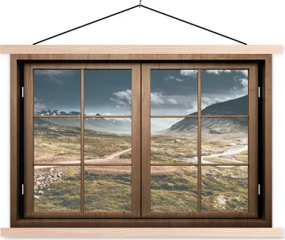 Produktbild von MuchoWow® Textilposter Aussicht - Berg - Weg 120x80 cm mit holzfarbenen Rahmen - Aufhängeset