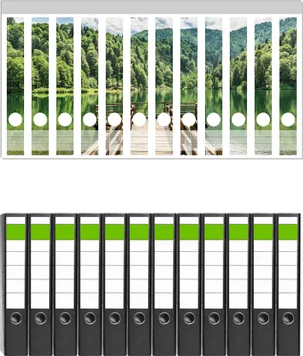 Produktbild von Wallario 12 Stück schmale Ordner inkl. Klebeetiketten mit Motive Steg am See in den Bergen -  Set mit Rückenschildern / Ordnerrücken Stickern