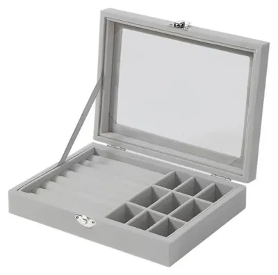 Produktbild von Herzberg HG-05361: Schmuckorganizer aus Samt mit Glasdeckel, mit 9 Fächern und 7 Ringaufbewahrungsstellen