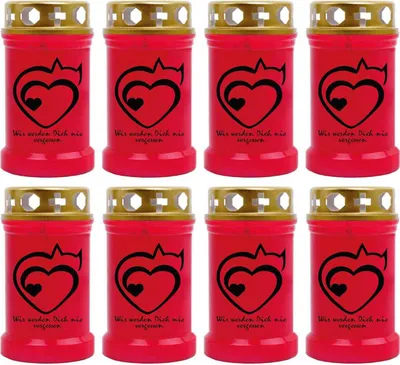 Produktbild von Grabkerze Rot 8er Pack, Brenndauer: 40 Stunden ( je Kerze ), Motiv: Herz