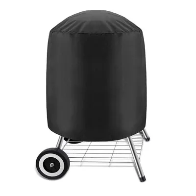 A black grill cover on a grill with wheels.