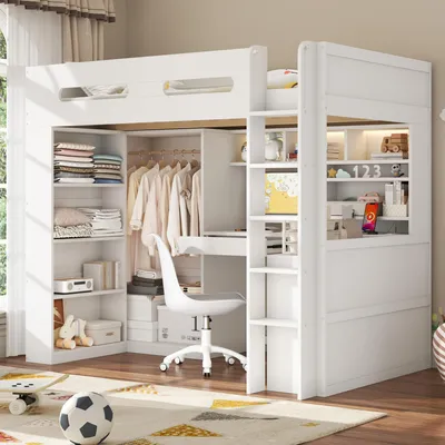 Produktbild von MODFU Hochbett 90x200 Jugendbett mit Schreibtisch,Bettrahmen Funktionsbett mit LED,Schublade und Kleiderschrank,Kinderbett mit Stauraum,ohne Matratze,Weiß