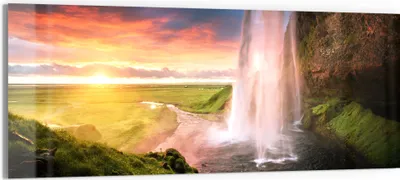 Produktbild von DEQORI Glasbild Echtglas 150x60 cm 'Seljalandsfoss Wasserfall' Wandbild Bild modern Deko