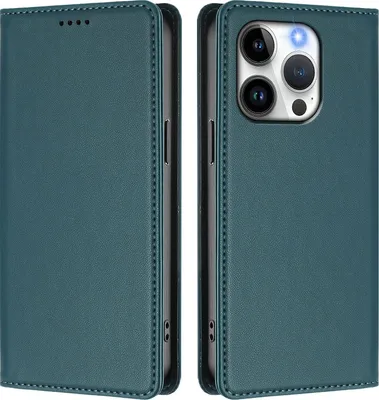 Obrázek produktu pro Kožené pouzdro pro iPhone 15 Pro, magnetické flipové pouzdro zPolyuretankůže se stojánkem Zelená