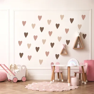 Obrázek produktu pro Muralo samolepka na zeď béžová HEARTS nástěnná dekorace nástěnné tetování pro dětský pokoj br. 60cm x h. 30cm