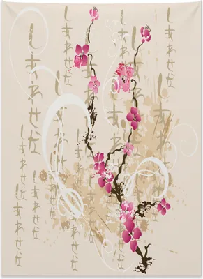 Produktbild von Abakuhaus japanisch Wandteppich, Buchstaben Sakura Blumen aus Weiches Mikrofaser Stoff Kein Verblassen Klare Farben Waschbar, 110 x 150 cm, Mehrfarbig