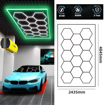 Zdjęcie produktu dla Oświetlenie do garaży Hexagon - 14-elementowy panel sufitowy LED - lampa o długości 0,45 m - ponad 2000 lumenów - kąt świecenia 180° - do powierzchni 8-10 m² - kolor zielony