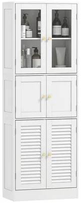 Produktbild von Hoher Badezimmerschrank, Aufbewahrungsm?bel mit 6 Tš¹ren (2 Glastš¹ren und 2 Lamellentš¹ren), verstellbarem Einlegeboden, wei?