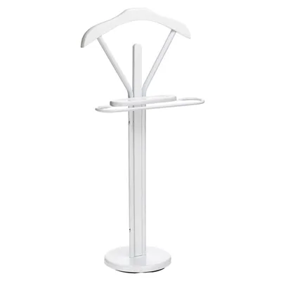 A white valet stand with a hanger and a bar for trousers.