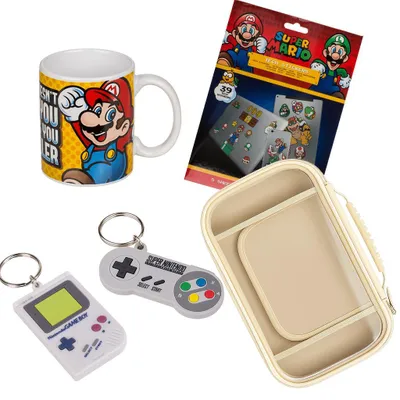 Produktbild von Geschenkset mit Switch 2 Case Weiß – Super Mario Becher, Sticker, Schlüsselanhänger & Zubehör – Retro Gaming Geschenk für Fans
