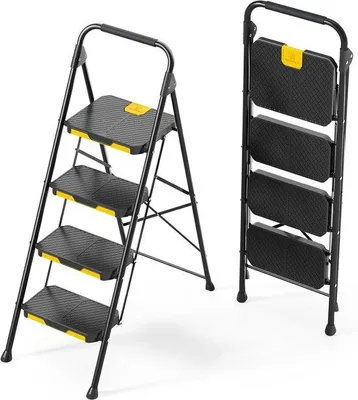 Produktbild von Famanu Klappleiter mit breiten Antirutsch-Pedalen und Handläufen - Schwarz, 4 Stufen
