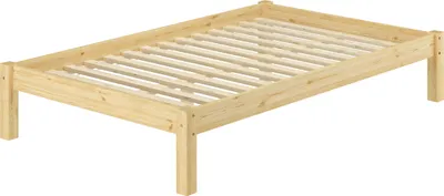 A wooden bed frame with a slatted base, shown from a diagonal angle against a white background.