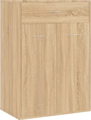 A light oak wood shoe cabinet with two doors and a drawer.