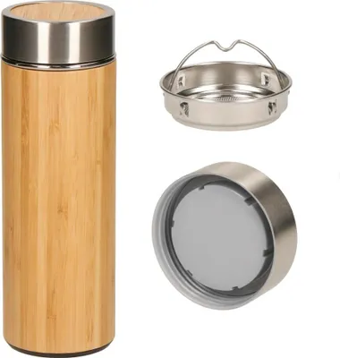 Produktbild von Teeflasche mit Sieb 350 ml - Doppelwandige Trinkflasche aus Edelstahl - Teekanne mit Teesieb ist auslaufsicher - Braun