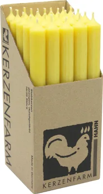Produktbild von Stabkerzen aus Paraffin, 250/22 mm, Pastellgelb, KERZENFARM HAHN, Brenndauer ca. 12h, 25 Stück pro Verpackung