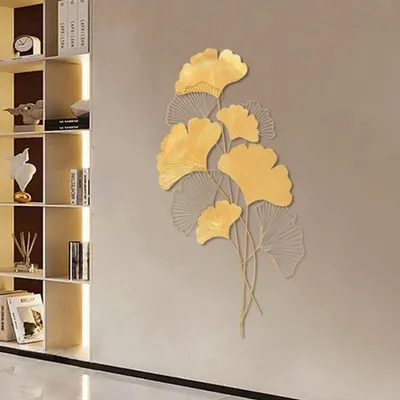 Image de Décoration murale Ginkgo Biloba, couleur or, métal - Objet mural moderne avec des feuilles, dimensions 55 x 110 cm